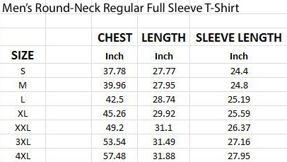 Mens Round Neck Full Sleeve T shirt Size Chart